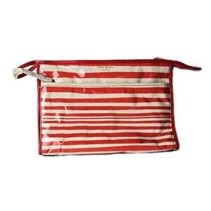 Kate Spade Heddy Cosmetic Bag Red Cream Stripe Makeup Travel Pouch NWT